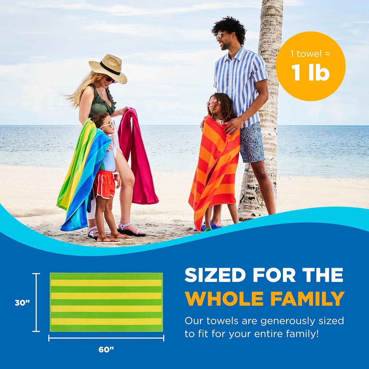 Quick-Drying Beach Towel, 100% Cotton Velour Striped, 30" x 60"