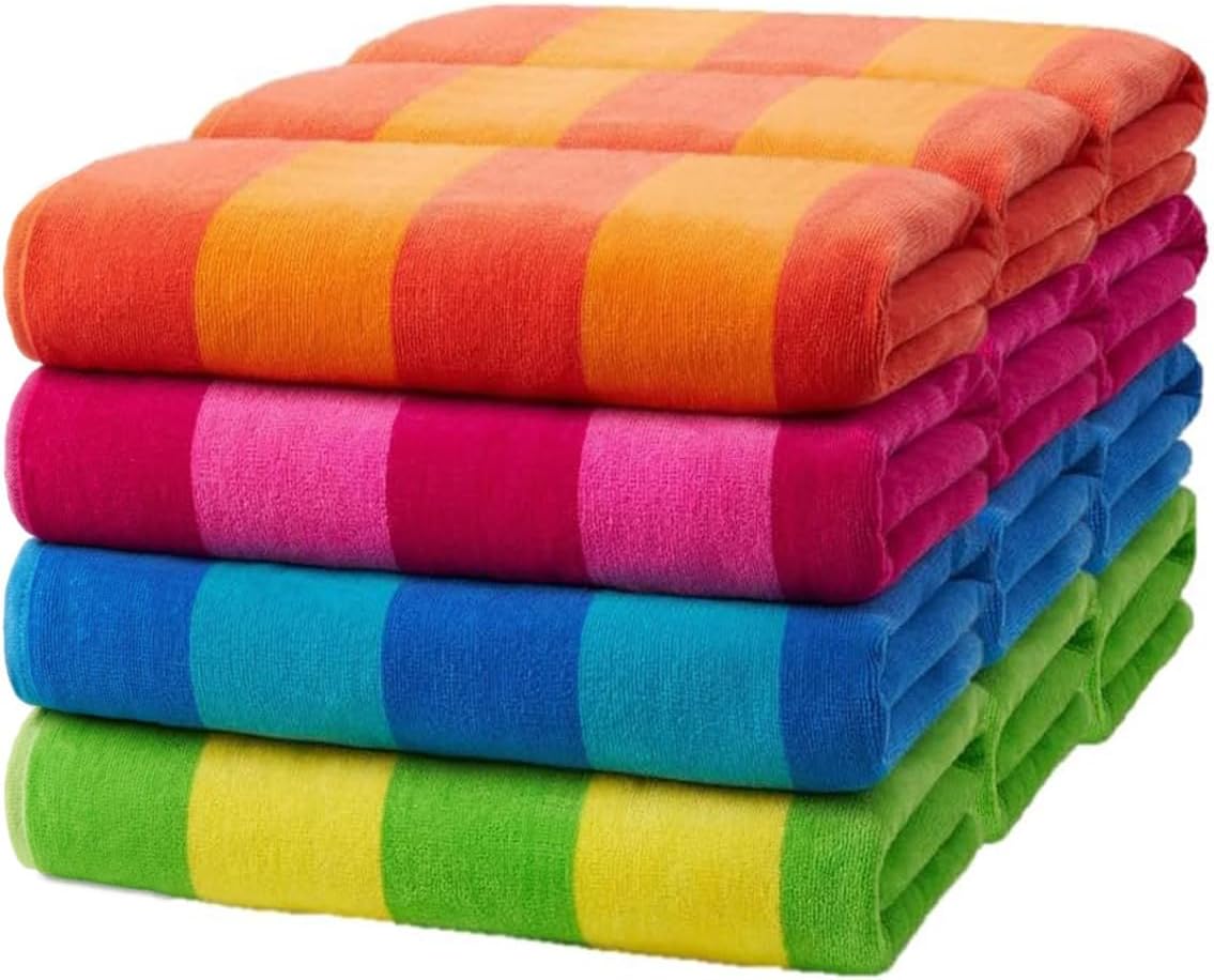 Quick-Drying Beach Towel, 100% Cotton Velour Striped, 30" x 60"