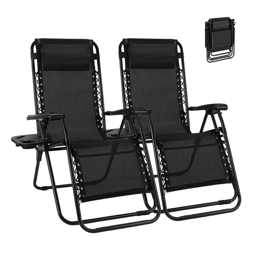 Set of 2 Zero Gravity Folding Lounge Chairs with Cup Holders