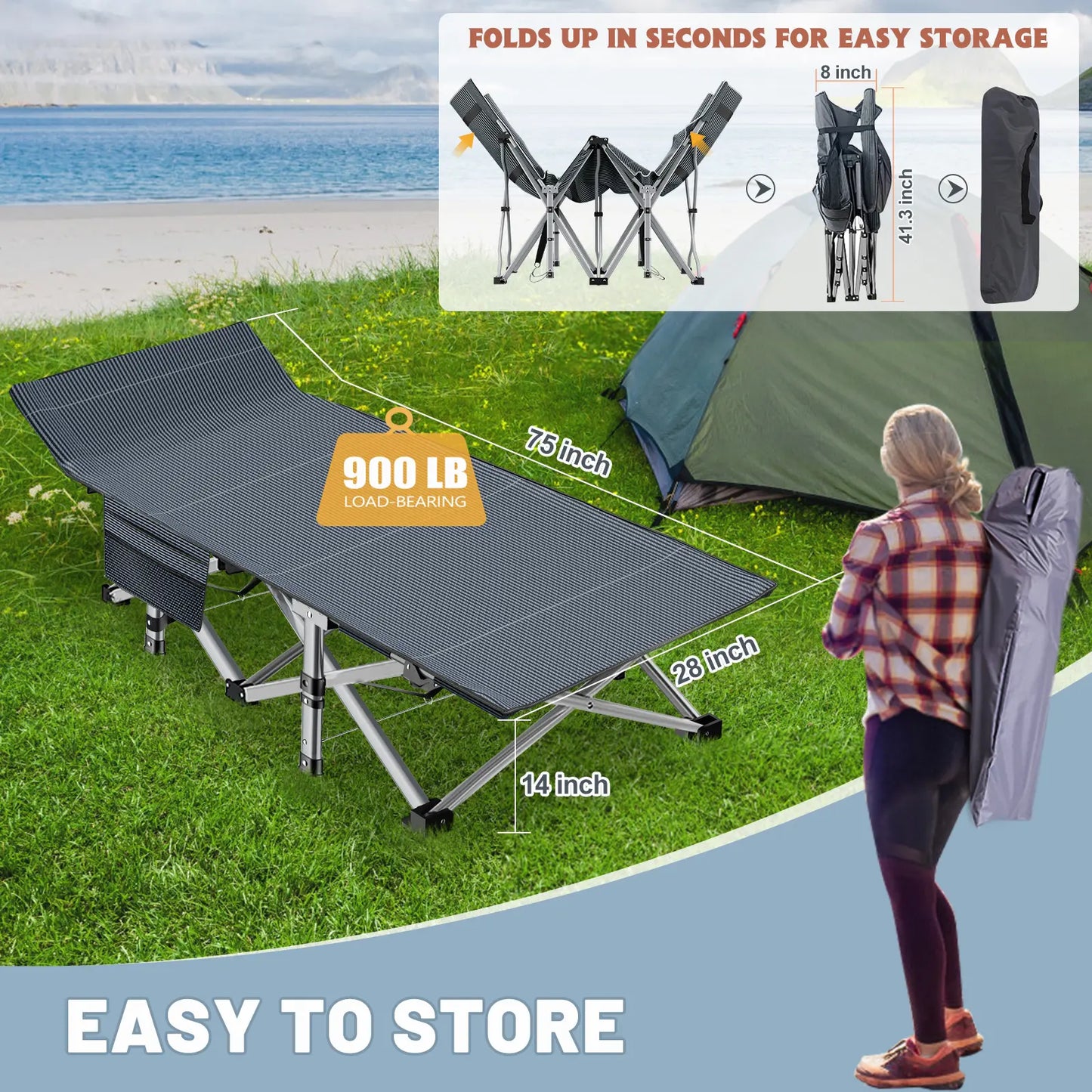 Summer Cool，Portable Folding Camping Cot, 2-Sided Mattress