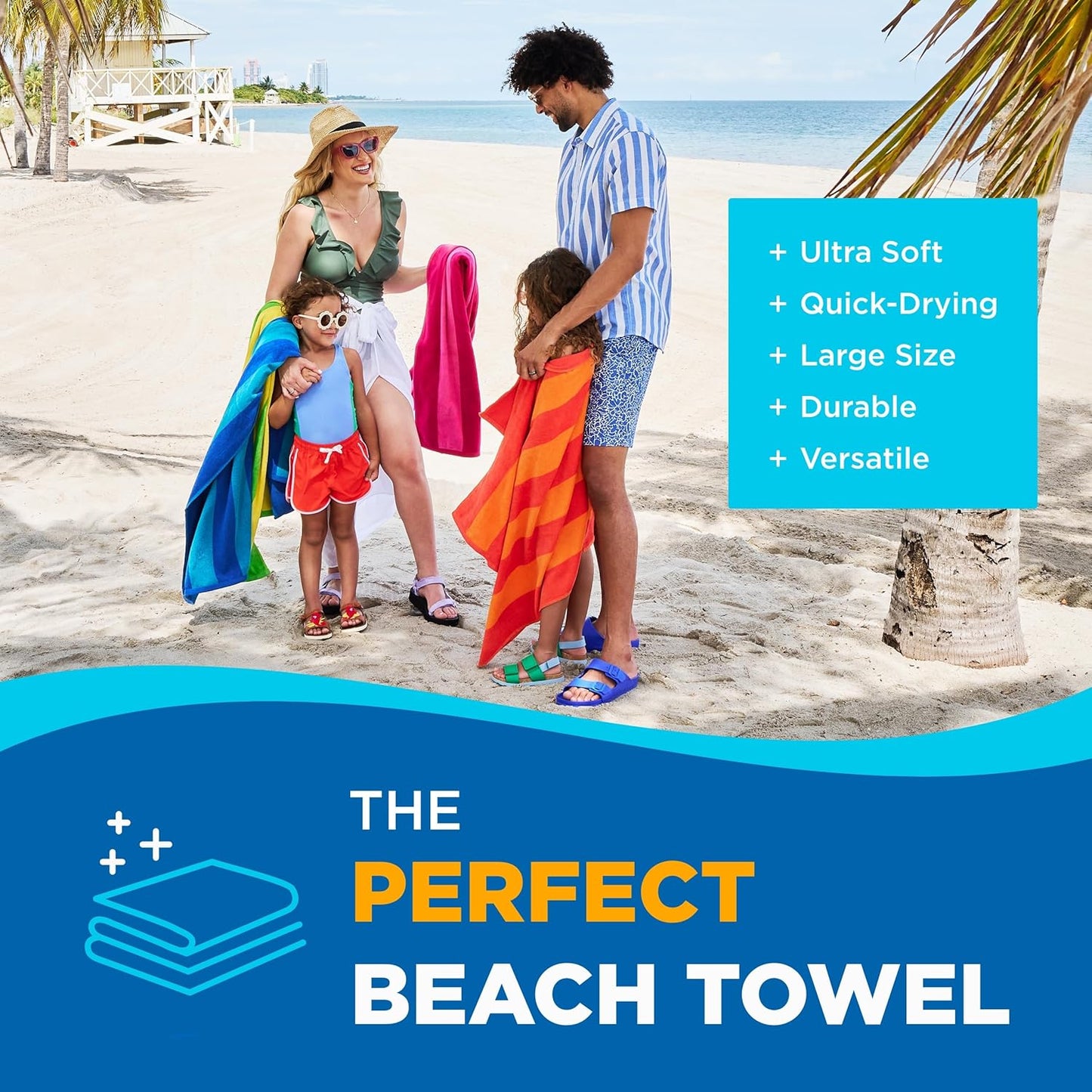 Quick-Drying Beach Towel, 100% Cotton Velour Striped, 30" x 60"