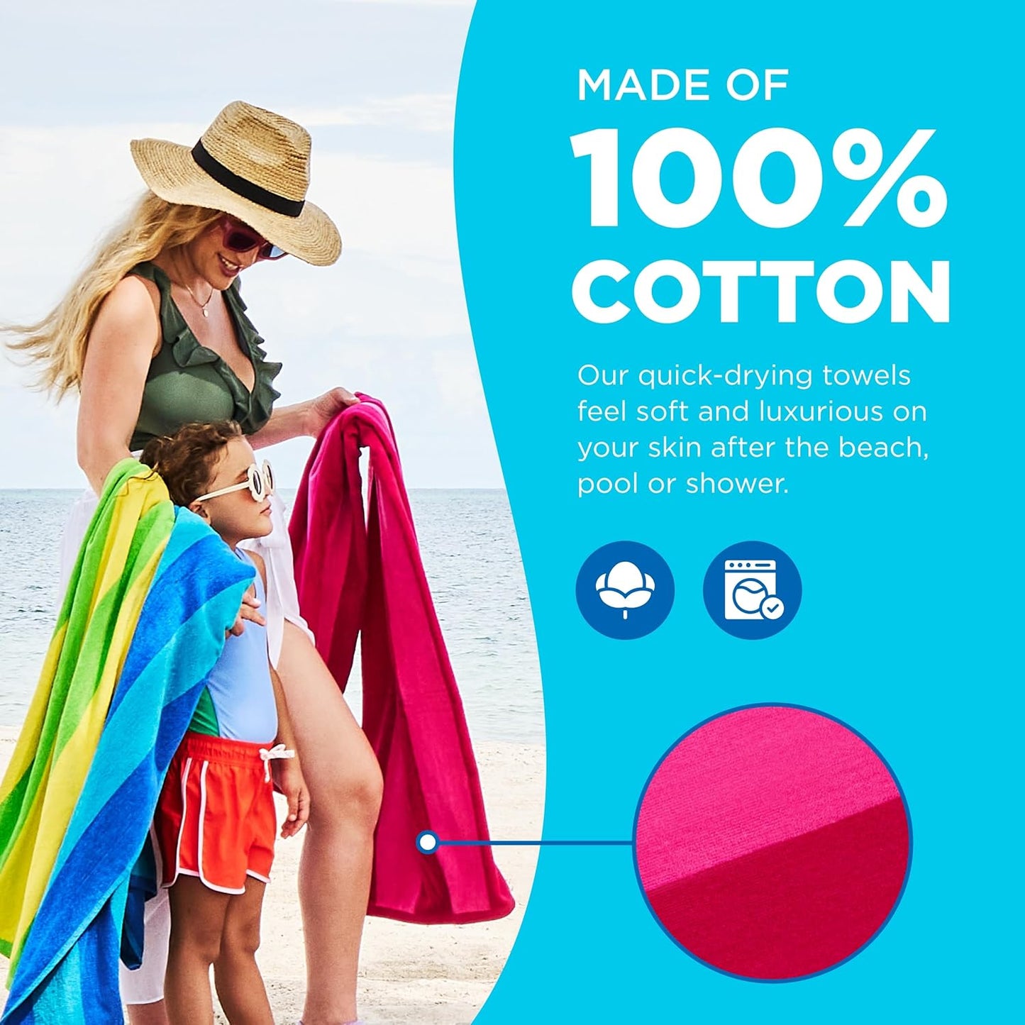 Quick-Drying Beach Towel, 100% Cotton Velour Striped, 30" x 60"