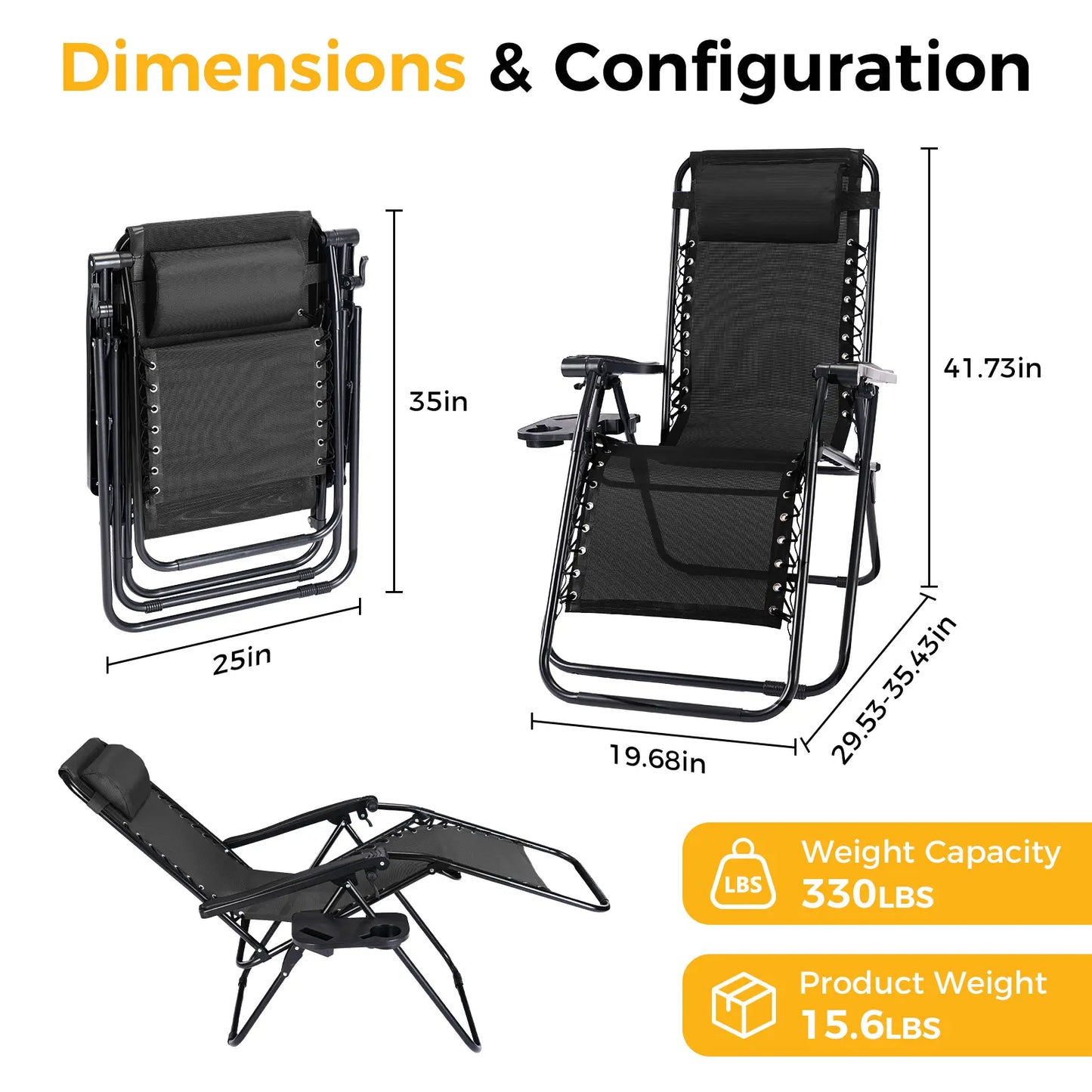 Set of 2 Zero Gravity Folding Lounge Chairs with Cup Holders