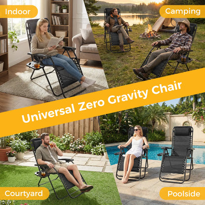 Set of 2 Zero Gravity Folding Lounge Chairs with Cup Holders